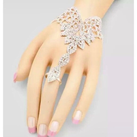 White bracelet Silver Clear Crystal Rhinestone Wedding hanf Chain Ring Bracelet - Picture 4 of 4